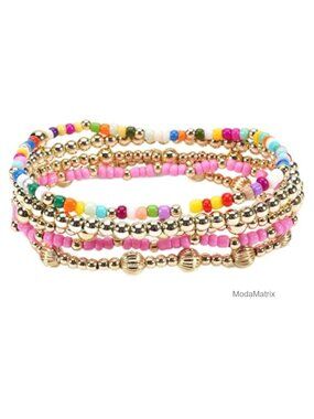 5pc Gold Beaded Stackable Bracelet Set Stretch Boho Fashion